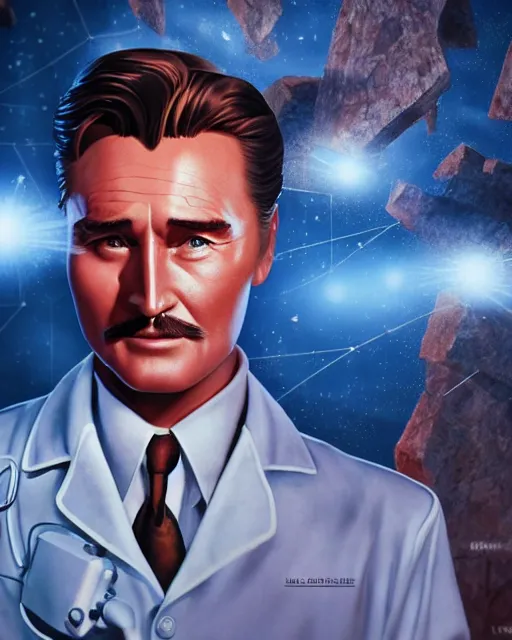 Prompt: Errol Flynn as a scientist. 1980s dystopian Soviet Russia, propaganda screens. Unreal engine, fantasy art by Katerina Ladon. Faithfully depicted facial expression, perfect anatomy global illumination, radiant light, detailed and intricate environment