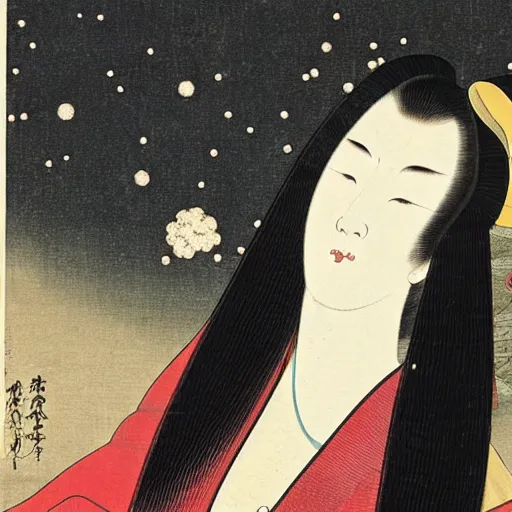 Image similar to by uemura shoen medieval, biopunk relaxed, exciting. painting. a beautiful illustration of a young girl with long flowing hair, looking up at the stars. she appears to be dreaming or lost in thought.