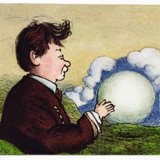 Prompt: candid portrait of white ball in the sky with man's face smiling eyes closed, surrounded by clouds, illustrated by peggy fortnum and beatrix potter and sir john tenniel