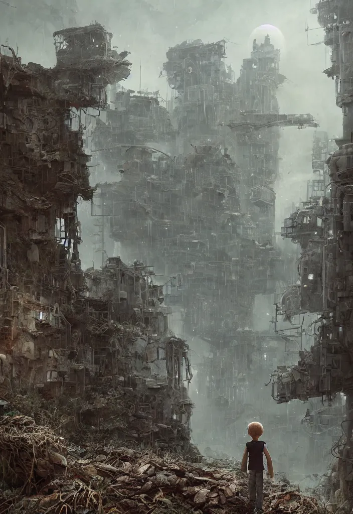 Prompt: boy and robot, journey through the dystopian city ruins filled with nature overgrowth, moody lighting, rule of thirds, 35mm lens, matte painting, movie concept art, hyper detailed, insanely detailed, illustrated by Goro Fujita and Shaun Tan, Corona render, Octane render, colorful redshift render, 8k