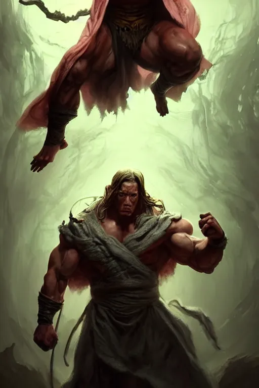 Image similar to full body portrait of john cena as a buff sorcerer casting a magical spell, tattered robe, by wlop and peter mohrbacher, dramatic action pose, extremely detailed shading, sharply focused, concept art, digital painting, trending on artstation, unreal engine 5, octane render, atmosphere, glow, cinematic lighting, full of color