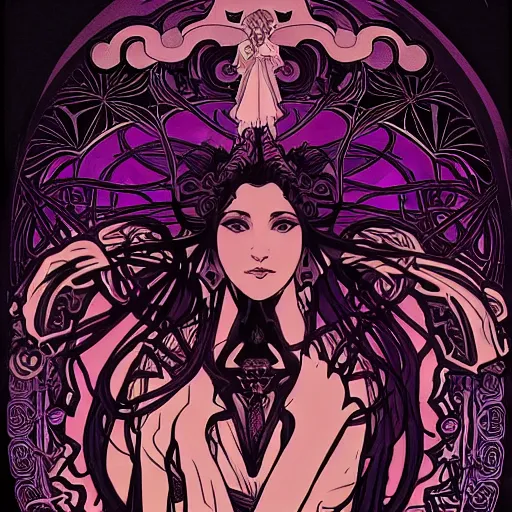 Image similar to a dark witch with black and purple designs and clouds, by alphonse mucha. elegant decoration. beautiful gradients. dark atmosphere. trending on artstation, behance.