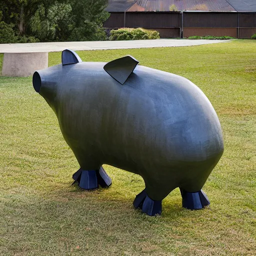 Prompt: oversized pig sculpture by Matt Hill Projects, corten steel, geometric, grassy, weeds