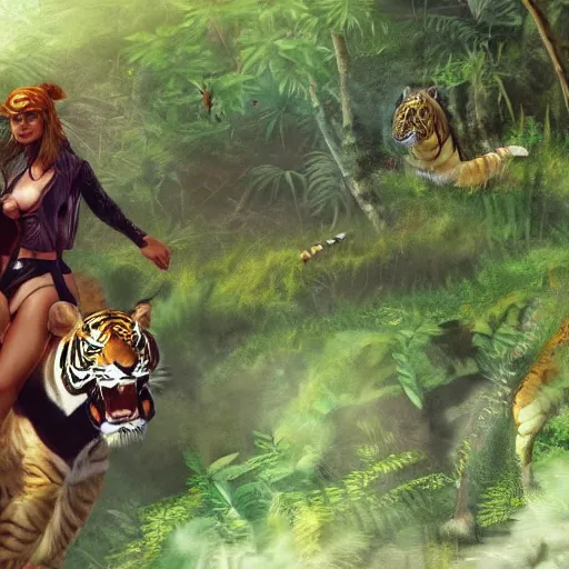 Prompt: girl riding giant tiger in the jungle, trending on artstation