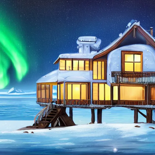 Image similar to treehouse style mansion built in the arctic on an iceberg with view of the northern lights over the ocean detailed luminescent oil painting 4 k