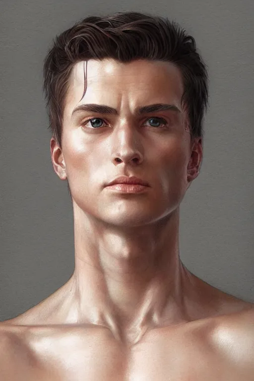 Image similar to Young man, no beard, muscular upper body, D&D, fantasy, realistic physic, accurate hyper-realistic body, elegant, highly detailed, digital painting, artstation, concept art, smooth, sharp focus, illustration, art by artgerm and greg rutkowski and alphonse mucha