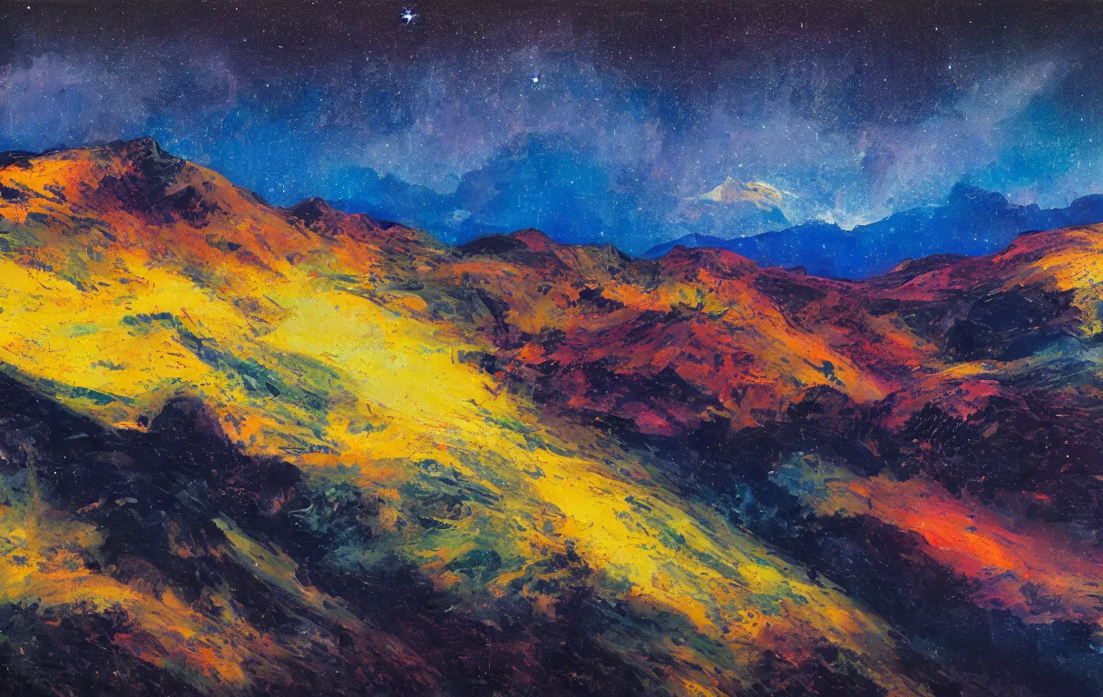 Image similar to Realist colorful impasto painting of the Salmon River mountain valley at midnight by John Harris, stars and nebulae in the inky black sky reflect on the darkest blue river surface, 4k scan, very beautiful, oil on canvas, diagonal brushstrokes