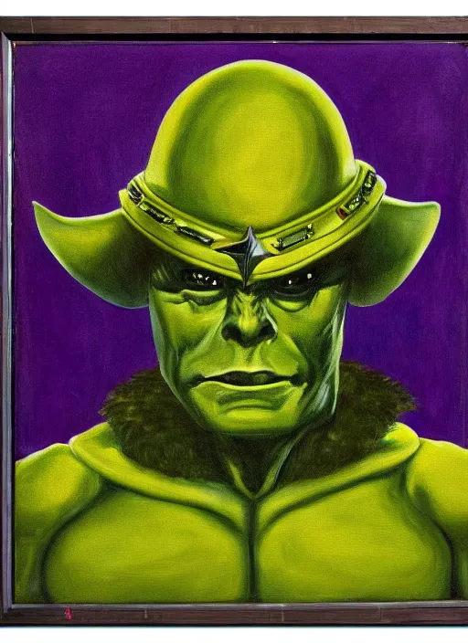 Image similar to oil painting portrait of a cowboy lizard person, a gorn from star trek, a snake oil salesman wearing a blonde wig in a movie poster for a movie called gorn on the bull horn girl, purple green color scheme