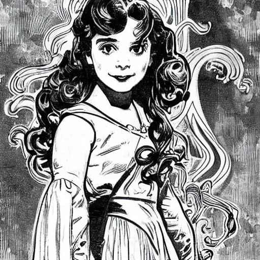 Prompt: a little girl with a mischievous face and short wavy curly brown hair. she is dressed as a knight. well composed, clean elegant painting, beautiful detailed face. comic book art by steve ditko and jack kirby and alphonse mucha