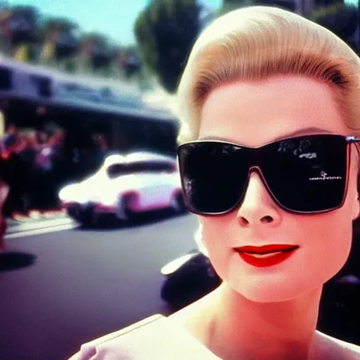 Image similar to selfie smartphone photo of a young Grace Kelly at the Monaco Gran Prix, F1 cars blurred in background, iphone photo, smartphone resolution, trending on instagram, influencer photography