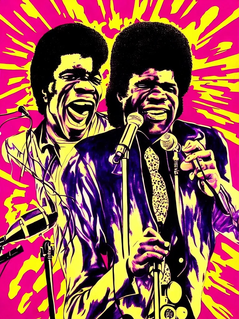 Image similar to psychedelic illustration, portrait of james brown holding a microphone, james brown 7 0 ’ s concert poster, highly detailed, colored illustration, “ superbad concert tour, 1 9 6 9 ”,