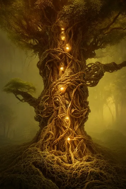 Image similar to a macro photo of an ancient tree made from cables and bio - organic micro organisms and metal parts and led growing in a mystical setting, cinematic, beautifully lit, by tomasz alen kopera and peter mohrbacher and craig mullins, 3 d, trending on artstation, octane render, 8 k