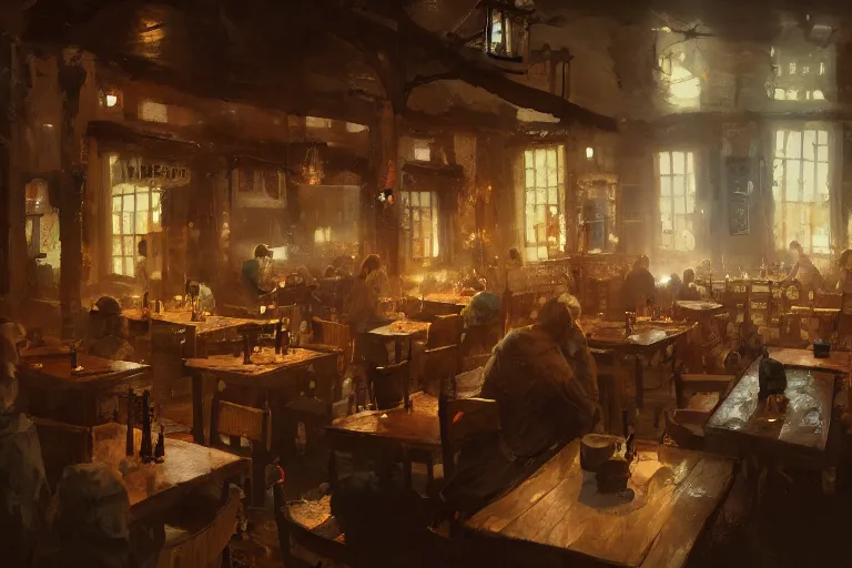 Prompt: A national geographic photo of the interior of an old inn restaurant filled with people by greg rutkowski, contemporal, Trending on artstation