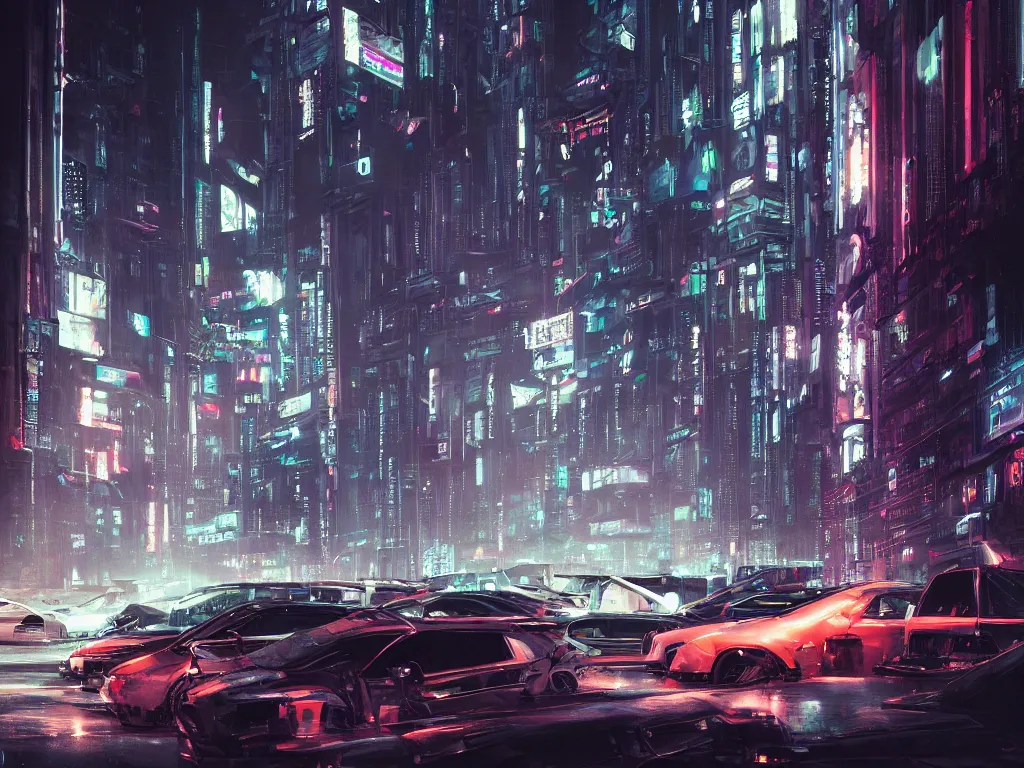 Image similar to a group of cars parked in a parking lot next to tall buildings, cyberpunk art by liam wong, cgsociety, retrofuturism, futuristic, cityscape, dystopian art