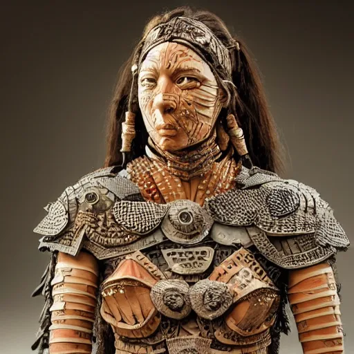 Image similar to a warrior woman, wearing intricate armor made of pottery pieces. photorealistic, intricate and detailed.