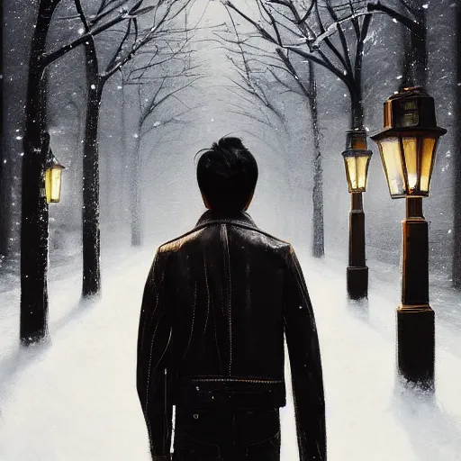 Image similar to beautiful snow - covered victor tsoi korean young man from back pacing in alley with street lamps in park with pines, dressed in leather jacket, night, 1 9 8 0 s mullet haircut, half - length portrait, perfect symmetrical eyes, cinematic by peter mohrbacher, detailed, hyperrealism, igla, volumetric lighting