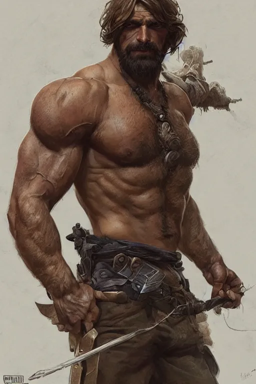 Image similar to portrait of a rugged ranger, muscular, handsome, upper body, hairy torso, D&D, fantasy, intricate, elegant, highly detailed, digital painting, artstation, concept art, smooth, sharp focus, illustration, art by artgerm and Greg Rutkowski and Alphonse Mucha