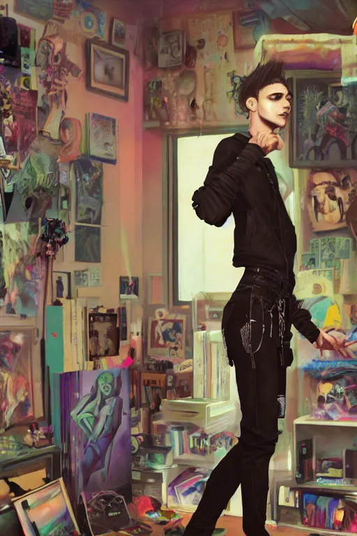 Image similar to a skinny goth guy standing in a cluttered 9 0 s bedroom, full body character concept art, vaporwave colors, digital painting, hd, ultra hd, detailed, award winning, small details, artgerm art, sabas apterus art,