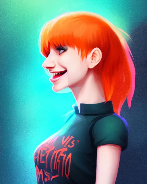 Image similar to a portrait of a beautiful full body Hayley Williams on stage smiling and dancing, art by lois van baarle and loish and ross tran and rossdraws and sam yang and samdoesarts and artgerm, digital art, highly detailed, intricate, sharp focus, Trending on Artstation HQ, deviantart, unreal engine 5, 4K UHD image