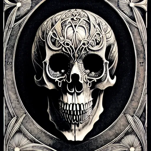 Image similar to art forms of nature by ernst haeckel, memento mori by arthur rackham, ornate antique porcelain beautiful skull mask, ultrasharp, photorealistic, hyperdetailed, octane render, polished, art nouveau, neo - gothic, gothic, intricate ornamental organic filigree, art nouveau botanicals, art forms of nature by ernst haeckel, horizontal symmetry, symbolist, visionary