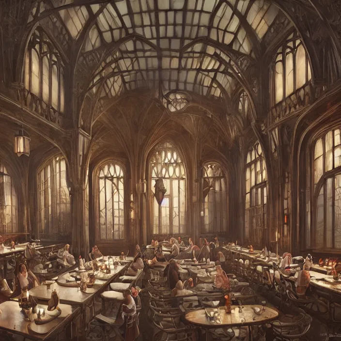 Prompt: interior view of hogwarts dining hall by tom bagshaw