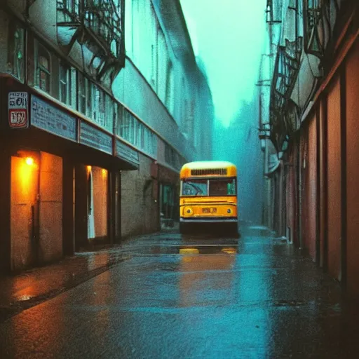 Image similar to 1990s perfect 8K HD professional cinematic photo of a bus in dystopian alleyway, at evening during rain, at instagram, Behance, Adobe Lightroom, with instagram filters, depth of field, taken with polaroid kodak portra