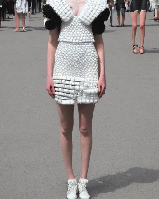 Prompt: olivia at the new york fashion week, wearing an outfit made of frisbees, black hair, freckles, pale skin, photo by greg rutkowski, harsh shadows, bright lighting, female beauty, intricate detail, elegance, sharp shapes, masterpiece