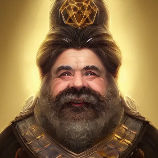 Image similar to symmetrical portrait of a happy dwarf showing off the humongous sparkling gold nugget, realistic, beautiful, fantasy art, dnd, lord of the rings, style of charlie bowater, concept art, sharp focus, ray tracing