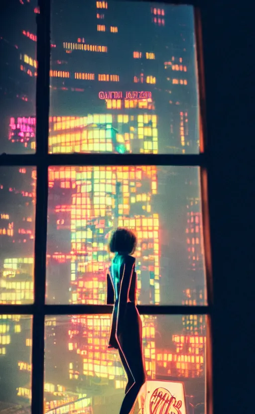 Prompt: vertical phot, girl in 7 0's retro club, editorial, fashion, neon - decorated urban on night in the city seen through the window, modern architecture design, vintage, night, blade runner, dark, clean lines, asian futuristic city at distance, big windows, octane, wide angle