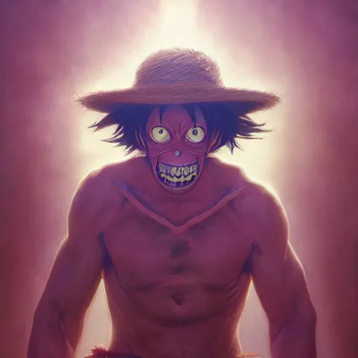 Image similar to highly detailed vfx portrait of monkey d. luffy, stephen bliss, greg rutkowski, loish, rhads, beeple, makoto shinkai, tom bagshaw, alphonse mucha, global illumination, sharp focus, art by artgerm and greg rutkowski, stanley kubrick, best of behance, cinematic lighting, frowning,