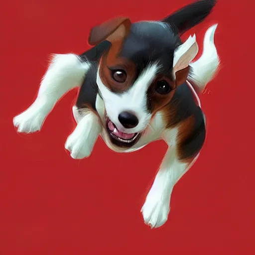 Image similar to adorable jack russel terrier jumping over a red exercise ball, fantasy art, artstation character design contest winner, trending on cgsociety, concept art, speedpaint, beautiful digital art, jesper ejsing, james jean, justin gerard, fenghua zhong, makoto shinkai, highly detailed