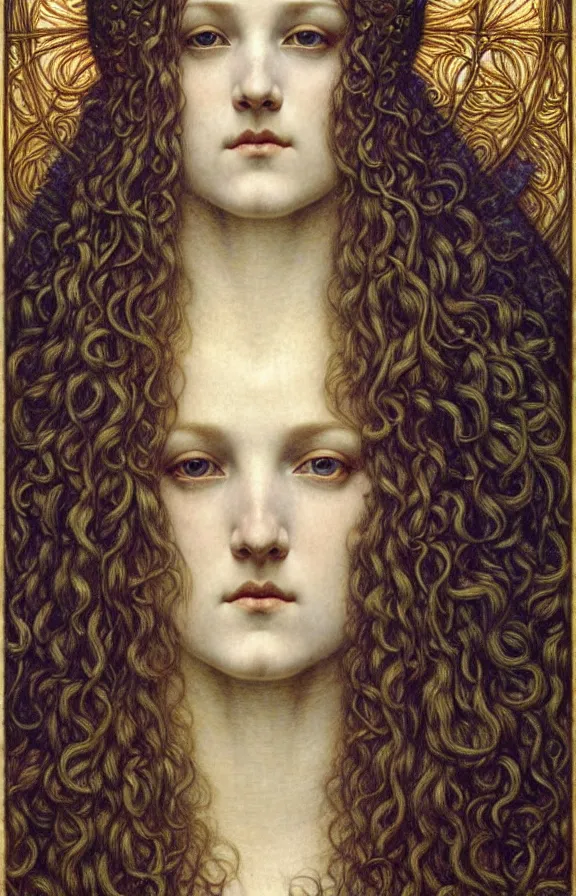 Image similar to detailed realistic beautiful young medieval queen face portrait by jean delville, gustave dore and marco mazzoni, art nouveau, symbolist, visionary, gothic, pre - raphaelite. horizontal symmetry