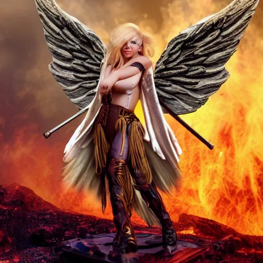 Prompt: pretty blond steampunk angel surrounded by lava, 8 k, shallow depth of field, 8 k, ultra high detail, concept art,