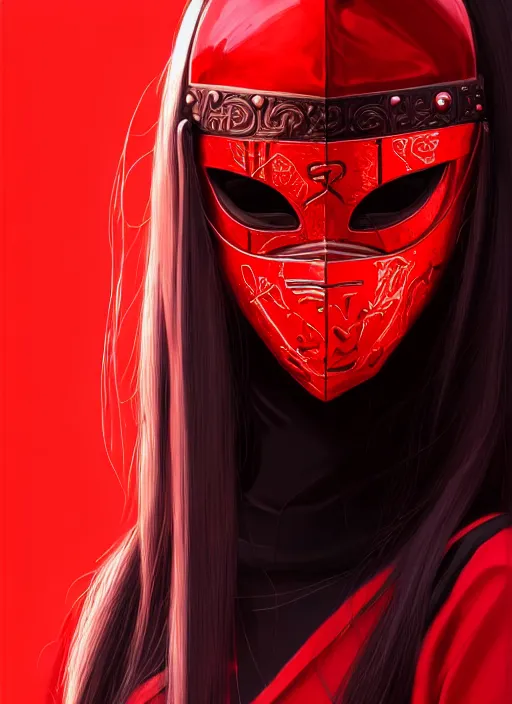 Prompt: portrait of long black hair girl within a red steel mask and streetwear. cynical face, concept art, cyberpunk illustration, intricate, highly detailed 8 k, smooth, matte, sharp focus, rim light, beautiful and aesthetic shape of face and body, artgerm, artstation, art by gharliera and rinotuna and junpei