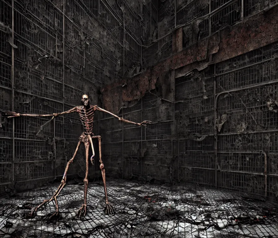 Image similar to creepy humanoid with long limbs sits on the floor. An underground very dark gloomy multi-layered structure of rusty thick iron grates, dense chain-link fencing and peeling walls. Inside view, collapsed floors, bent rusted iron, masterpiece, black background, corners, cinematic, hyperdetailed, photorealistic, hyperrealism, octane render, 8k, depth of field, bokeh, architecture, shadows, art by Zdzisław Beksiński, Arthur Rackham, Dariusz Zawadzki