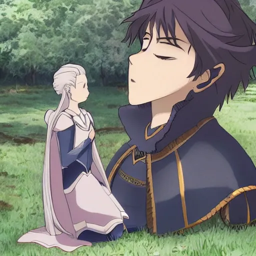 Prompt: detailed art of knight kneeling before a beautiful princess, anime ufotable