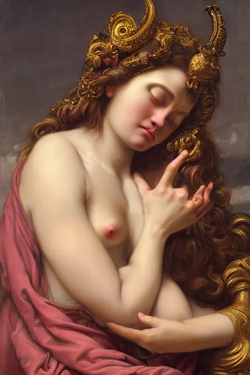 Image similar to hyper realistic painting portrait of the goddess of sleep, occult diagram, elaborate details, rococo, baroque, gothic, intrincate ornaments, gold decoration, caligraphy, occult art, illuminated manuscript, oil painting, art noveau, in the style of roberto ferri, gustav moreau, waterhouse