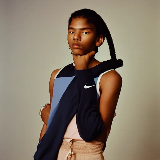 Image similar to realistic photoshoot for a new nike lookbook, color film photography, portrait of a beautiful person, in style of Tyler Mitchell, 35mm, graflex