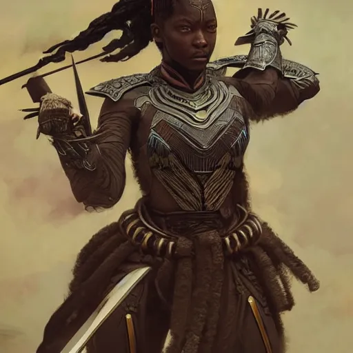 Prompt: a wakandan warrior wearing japanese samurai style armor, ultra realistic, concept art, intricate details, eerie, horror, highly detailed, photorealistic, octane render, 8 k, unreal engine. art by artgerm and greg rutkowski and alphonse mucha