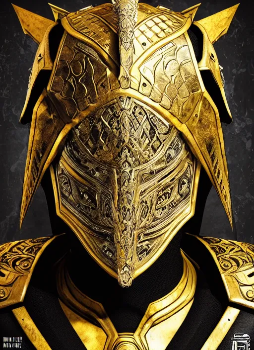 Prompt: concept art of ancient soldier wearing an armoured facemask, with intricate carving details in black and gold, ultra realistic, octane render, 8 k, hd, realistic lighting