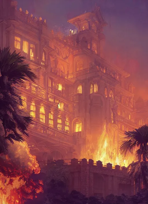 Image similar to highly detailed image of ferdinand marcos burning in malacanang palace, stephen bliss, unreal engine, fantasy art by greg rutkowski, loish, rhads, ferdinand knab, makoto shinkai and lois van baarle, ilya kuvshinov, rossdraws, tom bagshaw, alphonse mucha, global illumination, radiant light, detailed and intricate environment