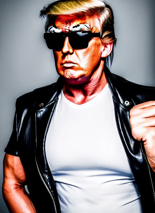 Prompt: a portrait of a muscular donald trump with a black pompadour hairstyle, wearing sunglasses and a white t - shirt and a leather jacket, canon eos r 3, f / 1. 4, iso 2 0 0, in - frame