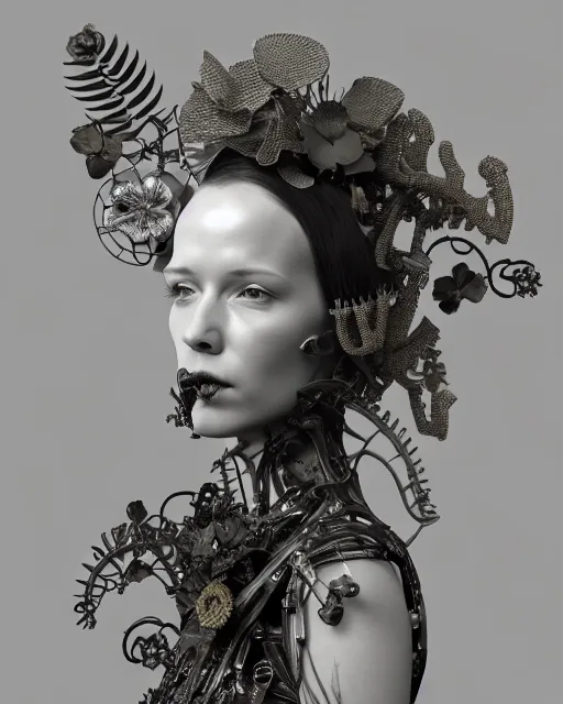 Prompt: monochrome 3 d model, 1 9 3 0 picture, floral steampunk biomechanical beautiful young female cyborg with porcelain profile face and a techno eye, volumetric light, leaves foliage and stems, hibiscus flowers, boho vines, sinuous fine roots, fine foliage lace, alexander mcqueen, rim light, big gothic fashion pearl embroidered collar, octane render, 8 k
