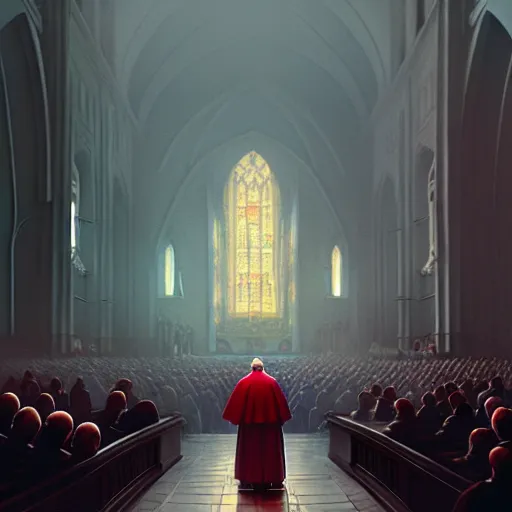 Image similar to pope john paul ii standing ina curch, digital painting, greg rutkowski, artstation, cinematic, matte painting