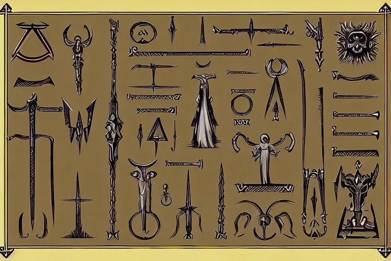 Image similar to illustration of design sheet of various necromancy tools, occult