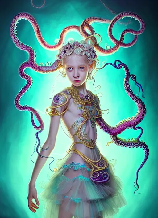 Image similar to A full body shot of a cute young magical girl wearing an ornate dress made of opals and tentacles. Monster GIrl. Subsurface Scattering. Dynamic Pose. Translucent Skin. Rainbow palette. defined facial features, symmetrical facial features. Opalescent surface. Soft Lighting. beautiful lighting. By Giger and Ruan Jia and Artgerm and WLOP and William-Adolphe Bouguereau. Photo real. Hyper-real. Photorealism. Fantasy Illustration. Sailor Moon hair. Masterpiece. trending on artstation, featured on pixiv, award winning, cinematic composition, dramatic pose, sharp, details, Hyper-detailed, HD, HDR, 4K, 8K.