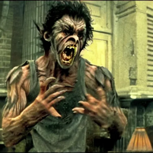 Image similar to film still of a werewolf extending out his hand in an american werewolf in london