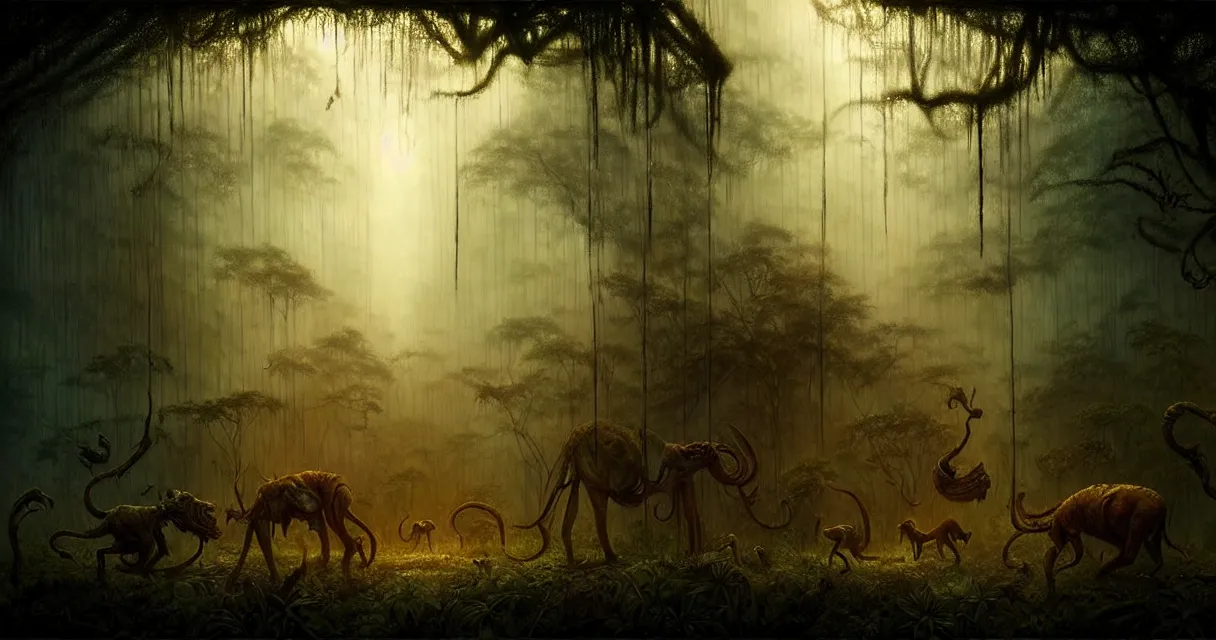 Prompt: epic professional digital art of hungry jungle, faint golden moody atmospheric lighting, painted, intricate, detailed, detailed, foreboding, by leesha hannigan, wayne haag, reyna rochin, ignacio fernandez rios, mark ryden, iris van herpen,, epic, stunning, gorgeous, much wow, cinematic, masterpiece.