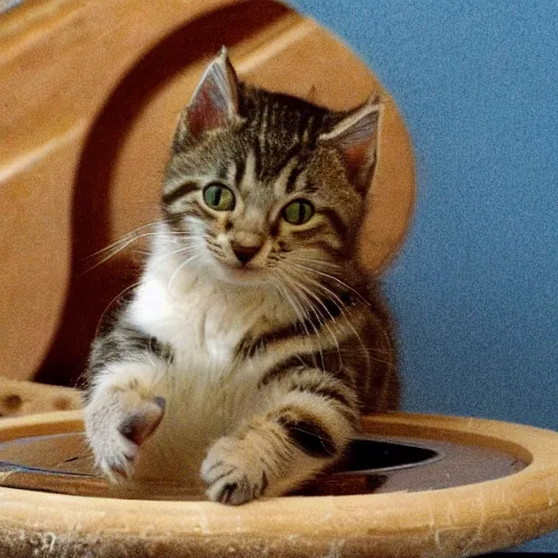 Prompt: Still life of a tabby kitten sitting on a wheel of Parmesan cheese