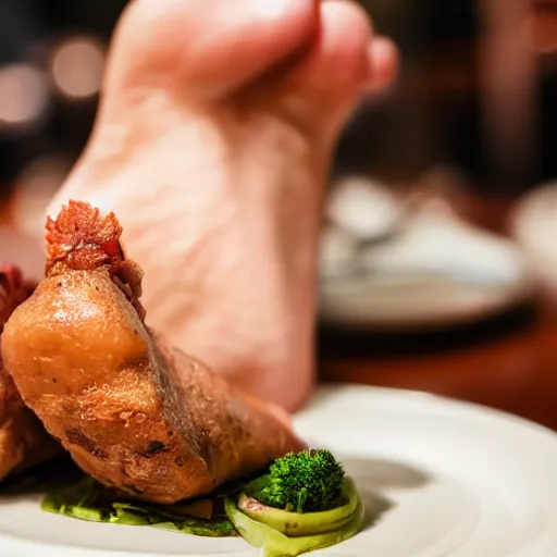 Image similar to a cooked human foot served at a fancy restaraunt on a fancy plate, gorgeous depth of field professional food photography